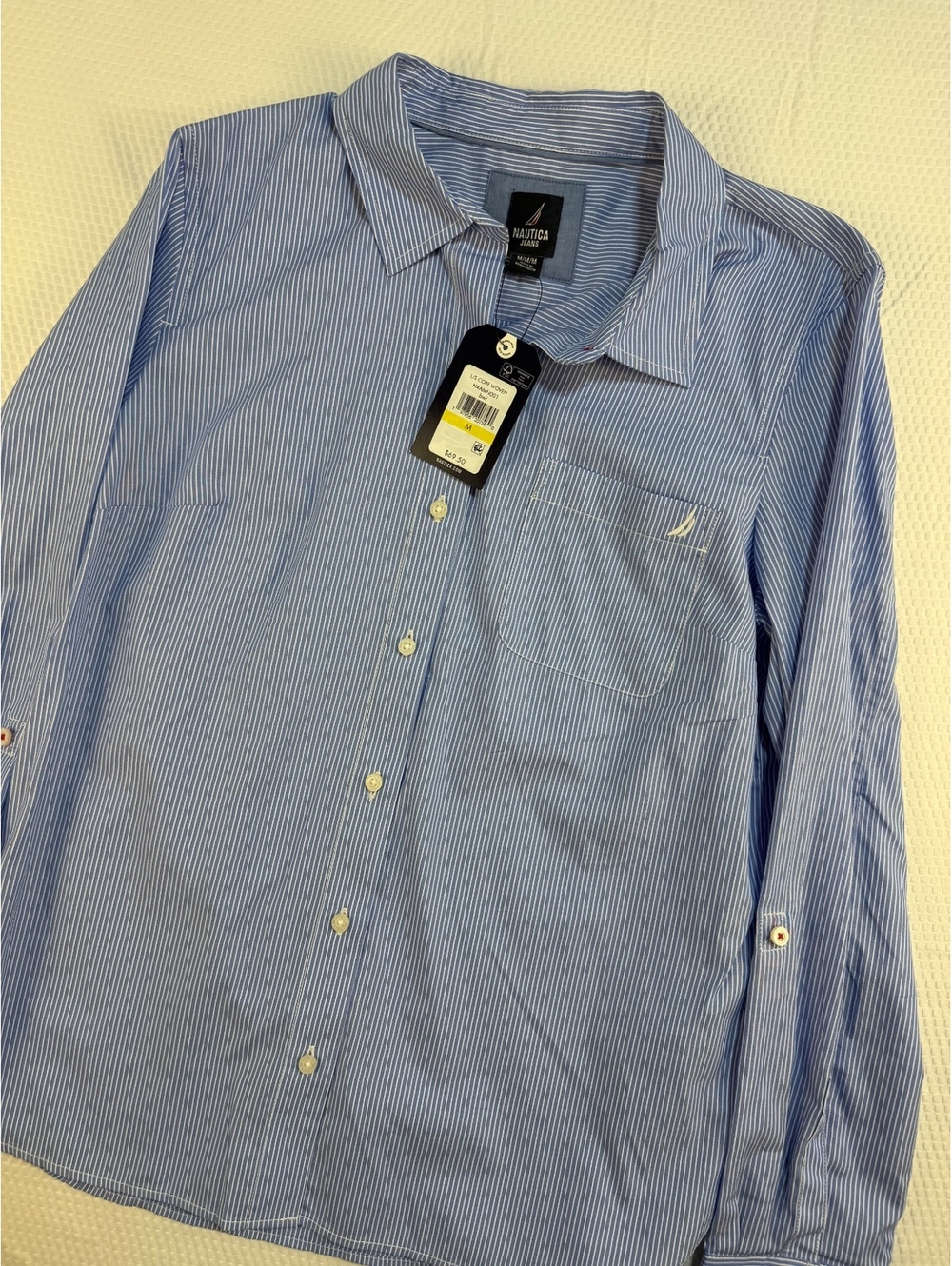 Nautica Jeans Womens M Shirt New $69 Blue Stripe Cotton Roll Tab Preppy Coastal